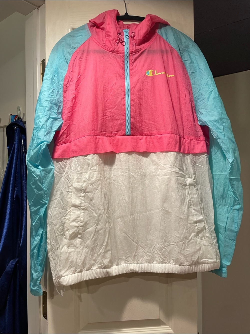 Champion Men’s Large Colorblock Windbreaker Pink Aqua White Retro 90s Style